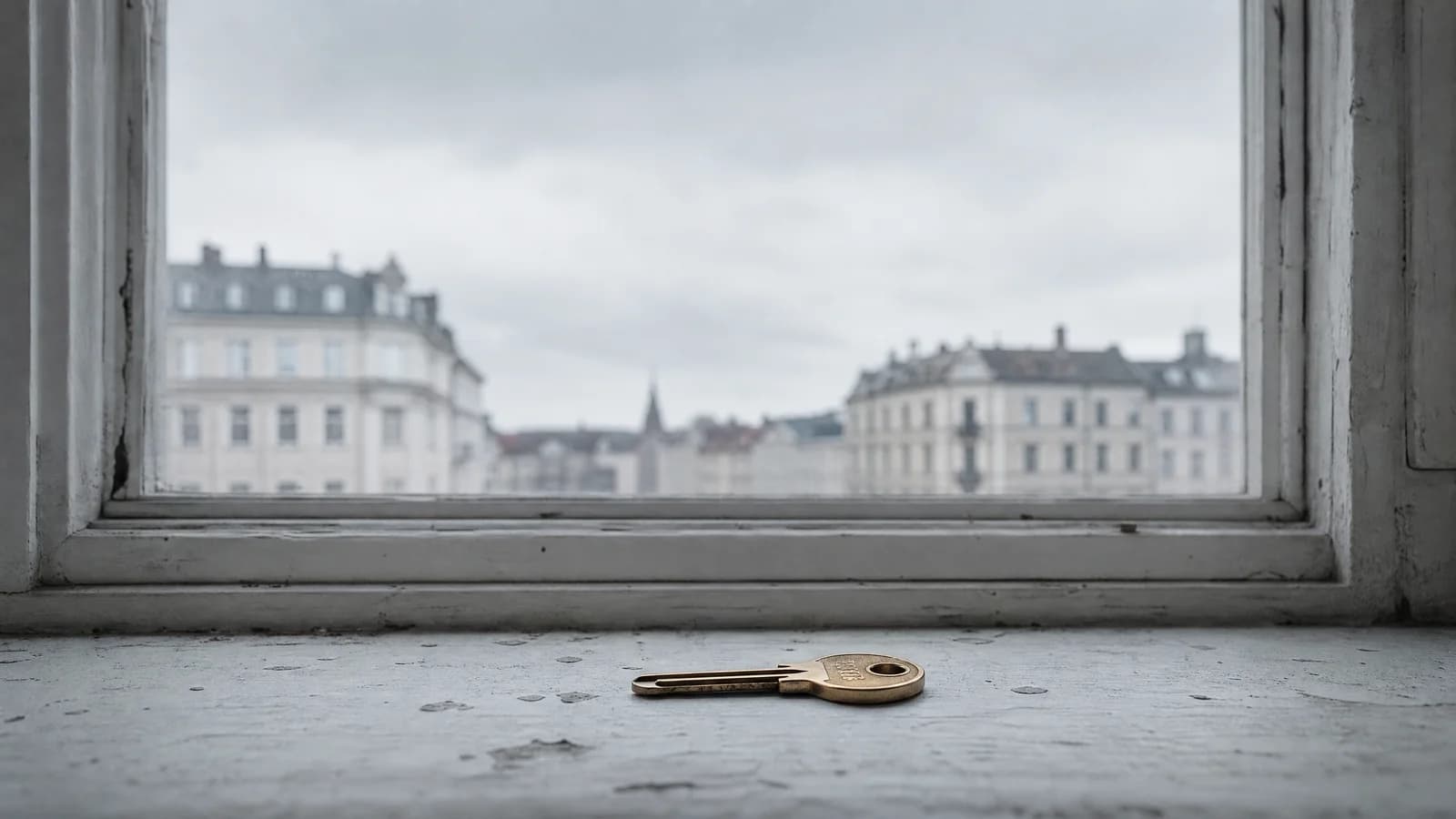 Einzelner Wohnungsschlüssel auf einer Fensterbank in einer leeren Altbauwohnung