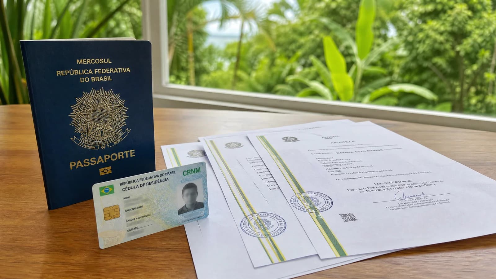 Reisepass mit brasilianischer Ausweiskarte und apostillierten Dokumenten auf einem Tisch