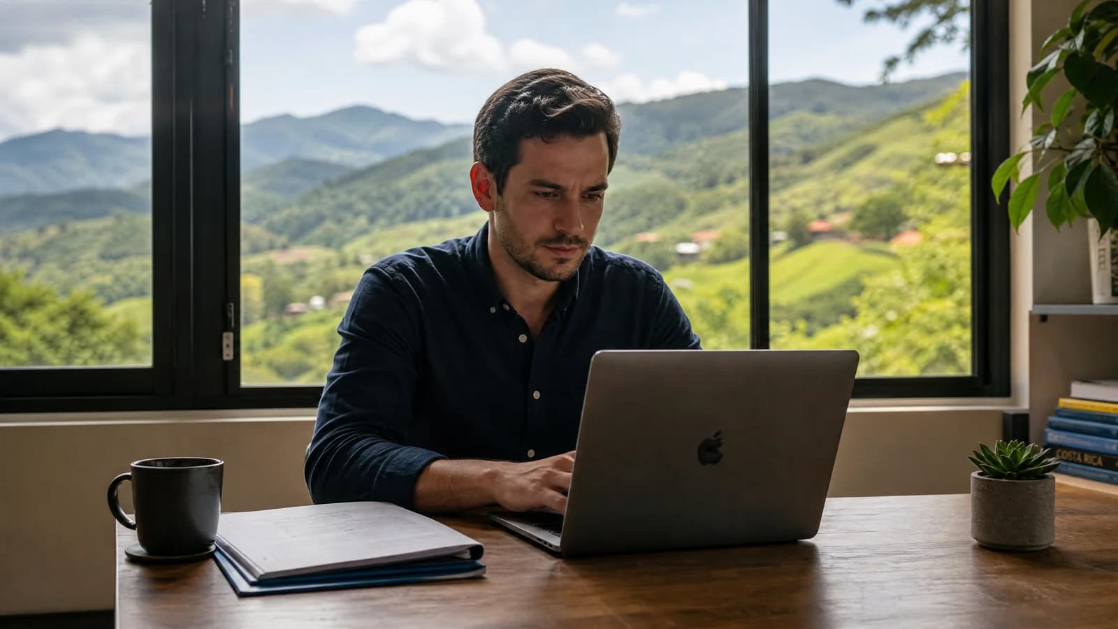 Person arbeitet konzentriert mit Laptop und Dokumenten an einem Schreibtisch mit Blick auf das gruene costa-ricanische Hochland.
