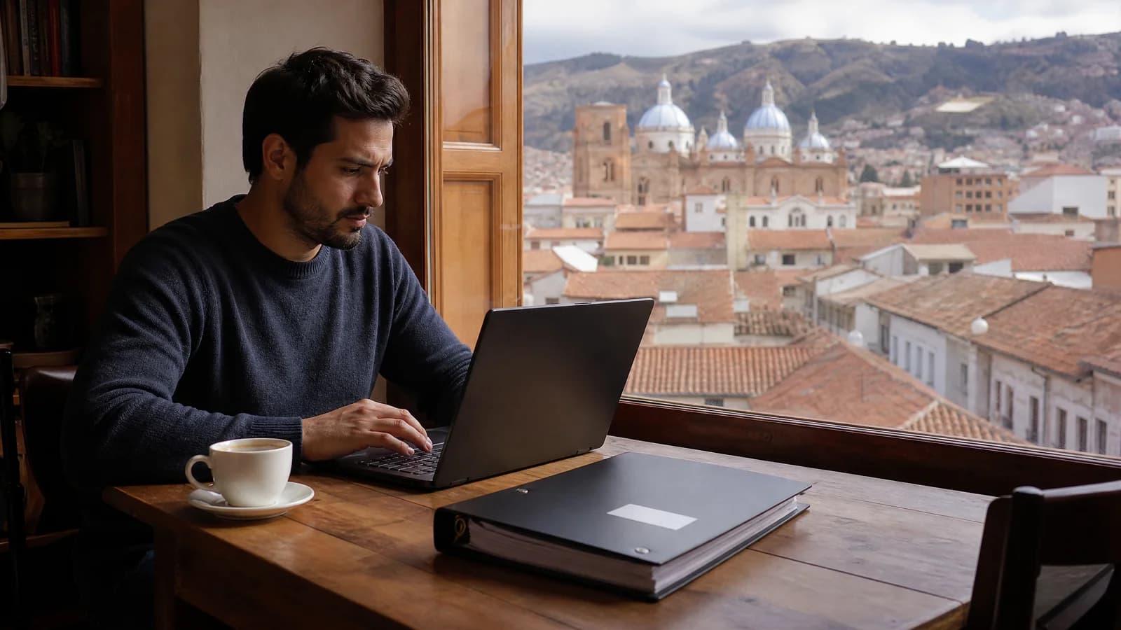 Person arbeitet konzentriert mit Laptop und Dokumenten an einem Fenster mit Blick ueber die Daecher Cuencas.