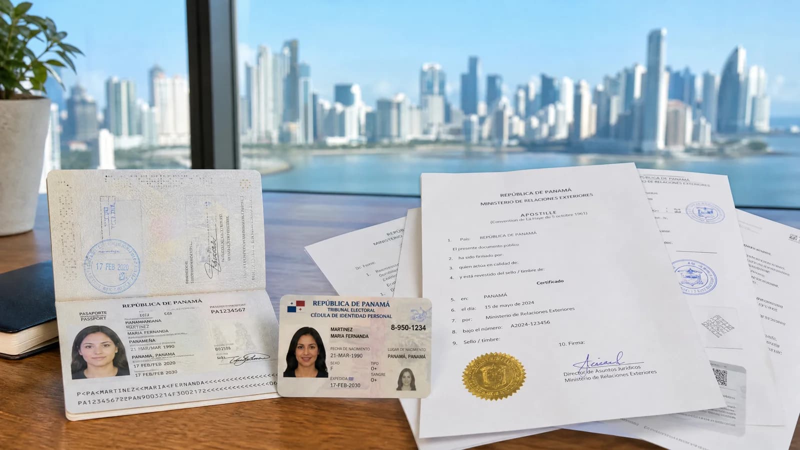 Reisepass, Cédula-Karte und apostillierte Dokumente vor der Skyline von Panama City