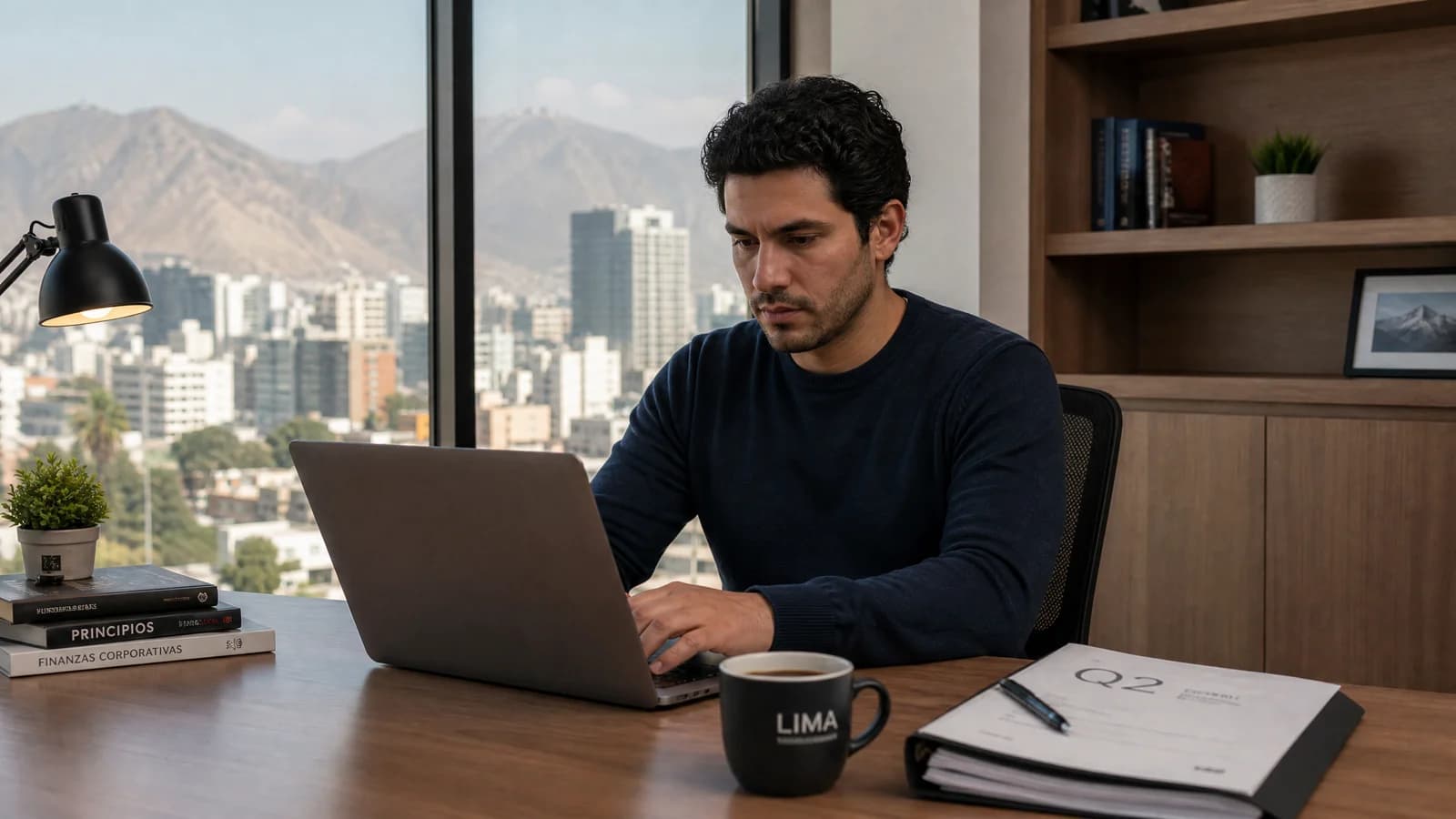 Person arbeitet konzentriert mit Laptop und Dokumenten an einem Schreibtisch mit Blick auf die Lima-Skyline und die Anden.