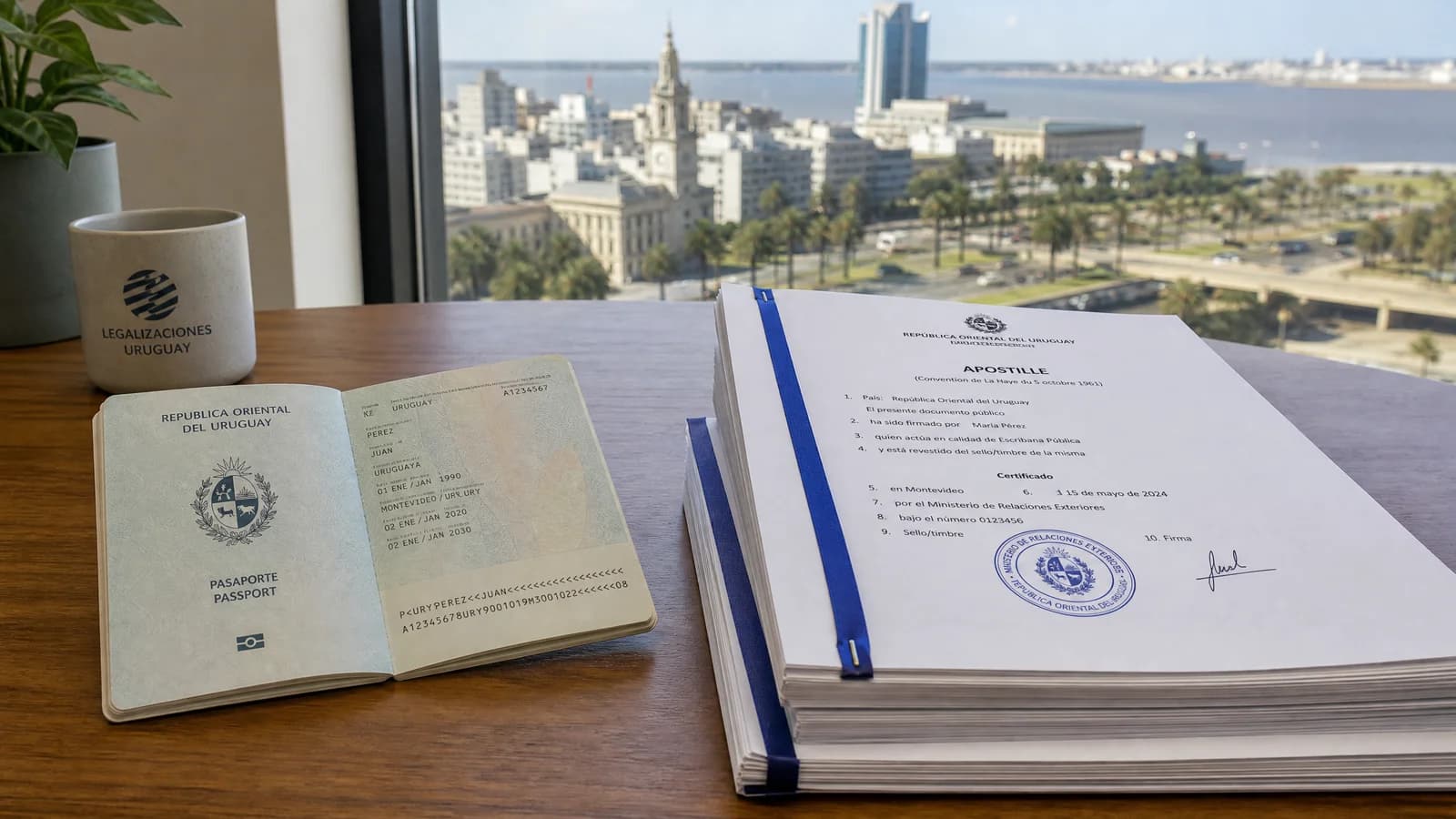 Reisepass und apostillierte Dokumente auf einem Tisch mit Blick auf Montevideo