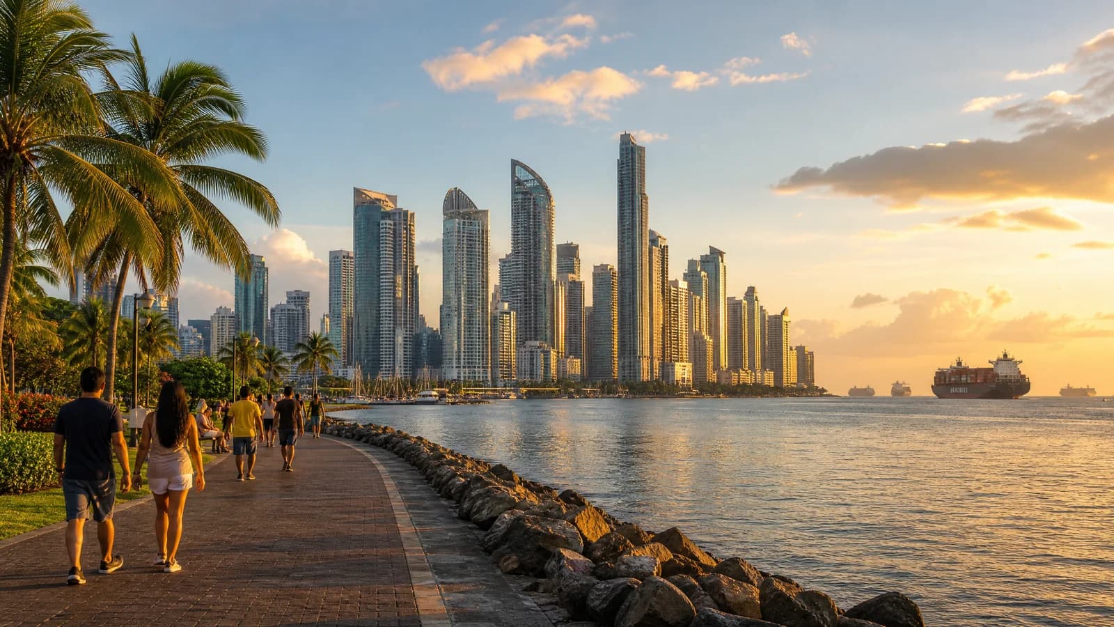 Skyline von Panama City vom Amador Causeway mit Containerschiffen vor der Kanaleinfahrt im Abendlicht