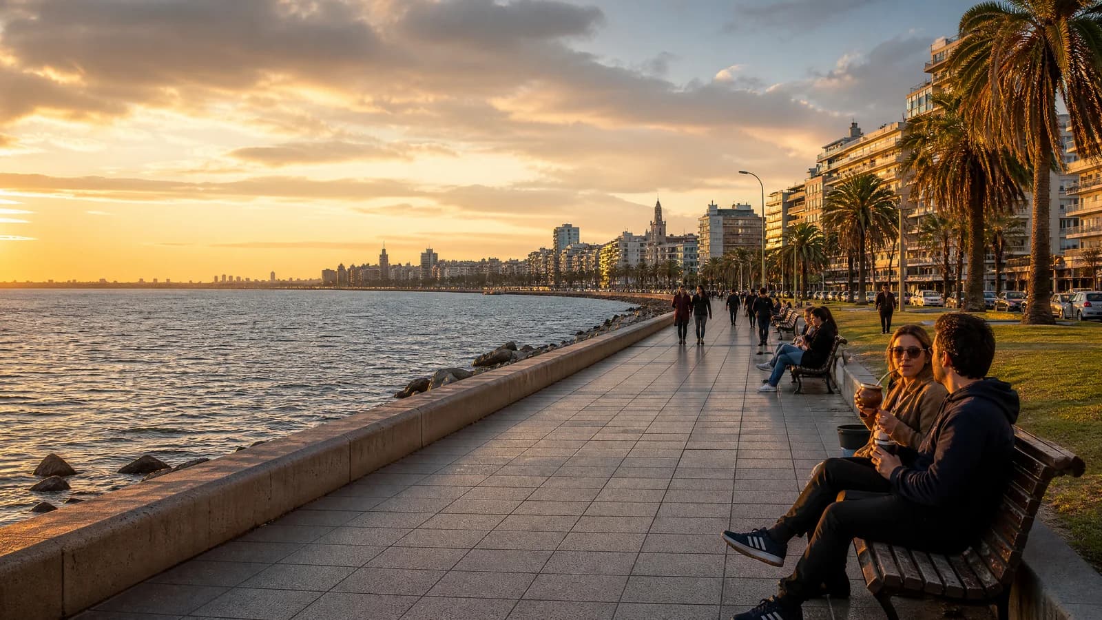 Die Rambla von Montevideo am Río de la Plata im goldenen Abendlicht
