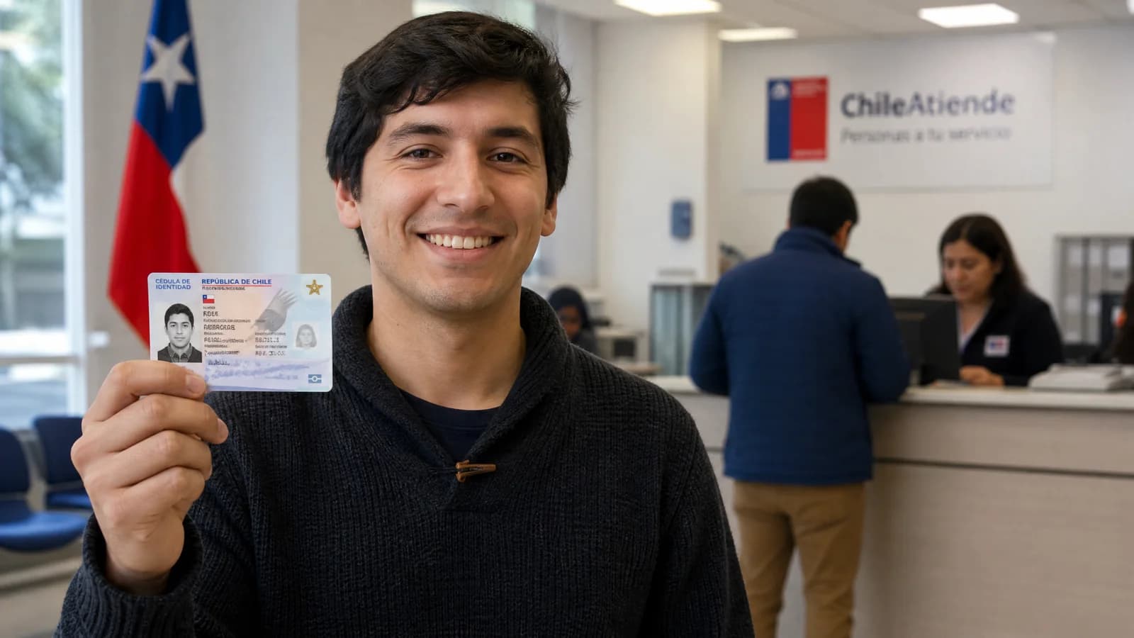 Person haelt laechelnd einen chilenischen Personalausweis in einer chilenischen Behoerde mit chilenischer Flagge im Hintergrund.