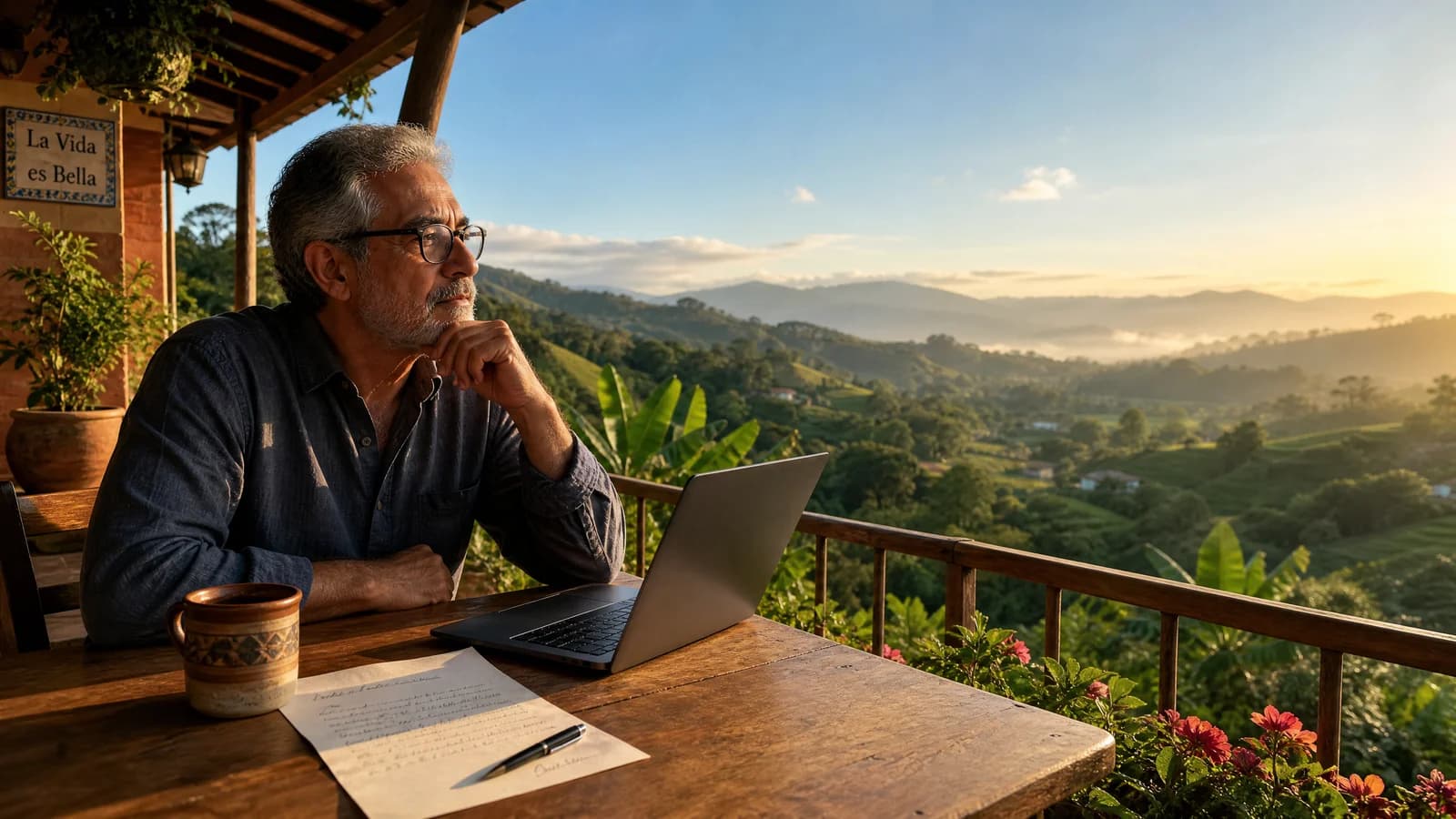 Ruheständler mit Brief und Laptop auf einer sonnigen Terrasse mit Blick auf ein grünes Tal
