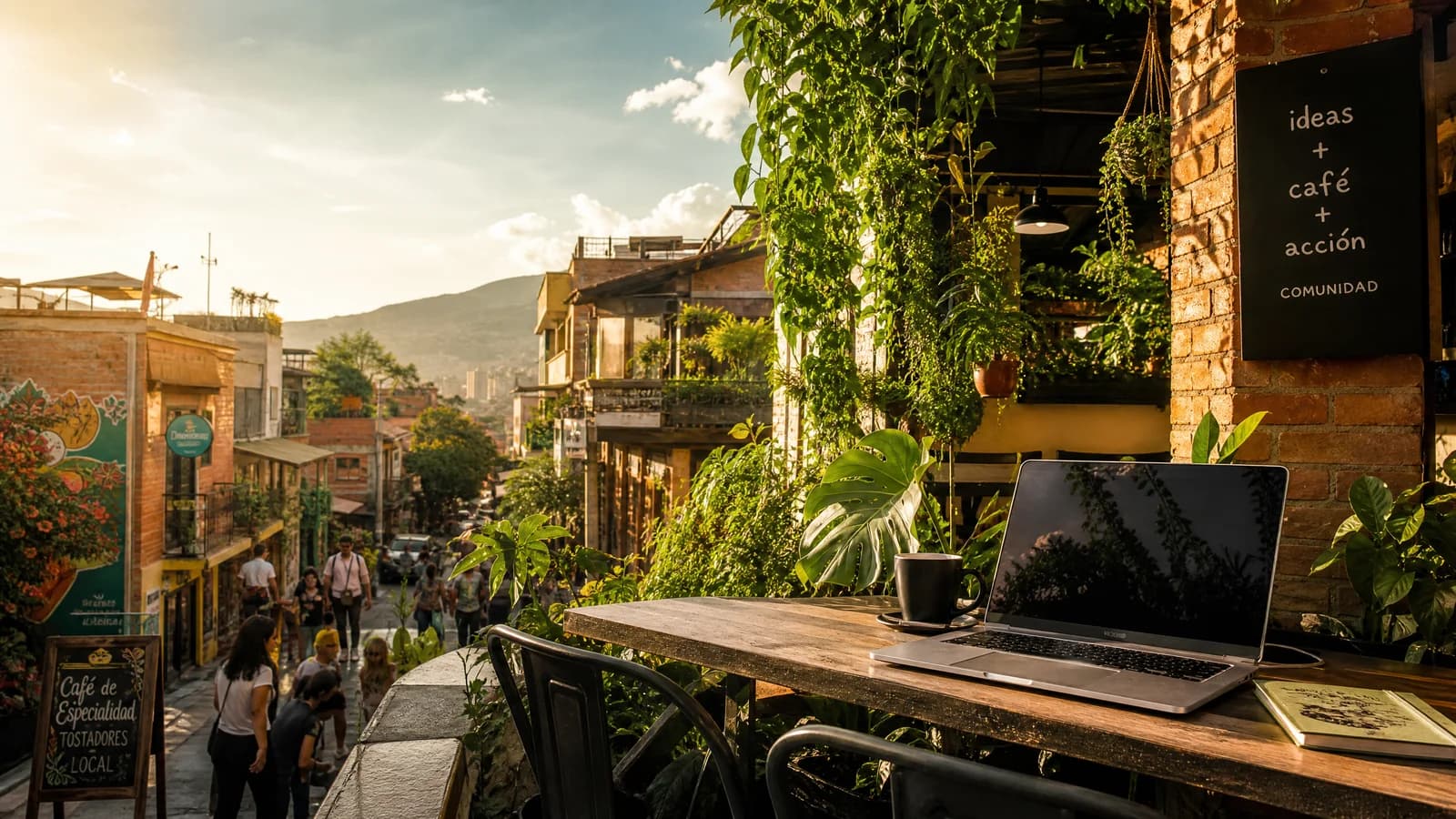 Begrünte Coworking-Terrasse mit Laptop in einem lateinamerikanischen Stadtviertel im Nachmittagslicht