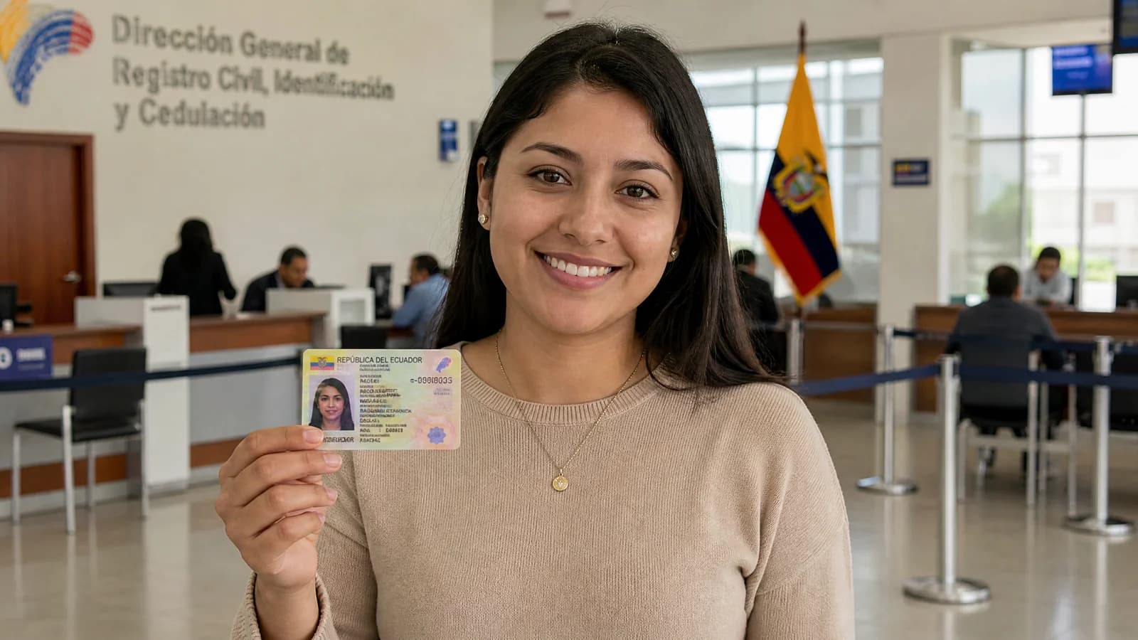 Person haelt laechelnd einen ecuadorianischen Ausweis in einer ecuadorianischen Behoerde mit ecuadorianischer Flagge im Hintergrund.