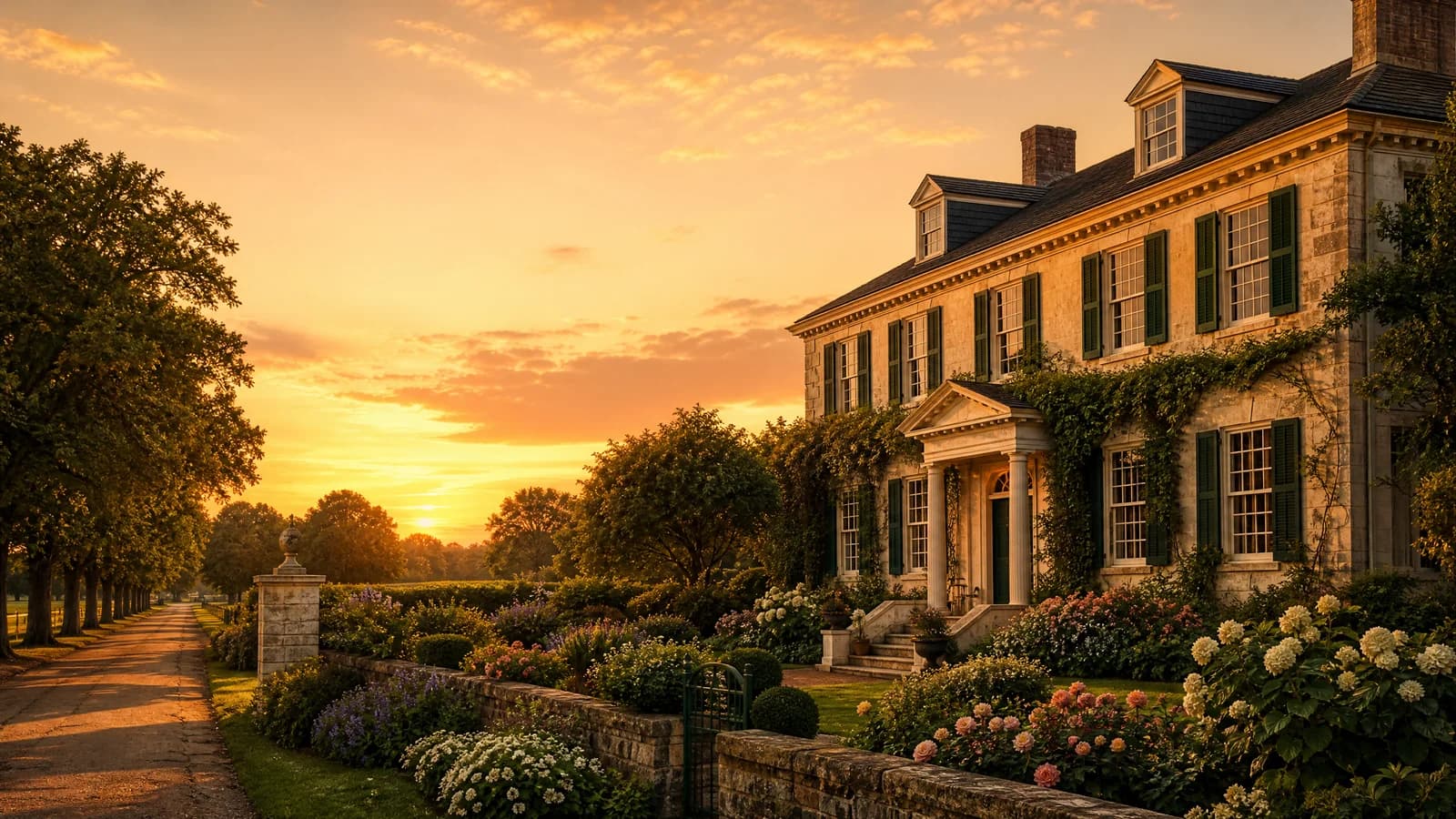 Stattliches altes Kolonialhaus mit blühendem Garten im Abendlicht als Sinnbild für das Erbe