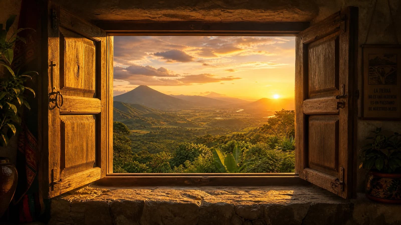 Offenes Holzfenster mit warmem Abendlicht auf der Fensterbank und einer lateinamerikanischen Landschaft dahinter
