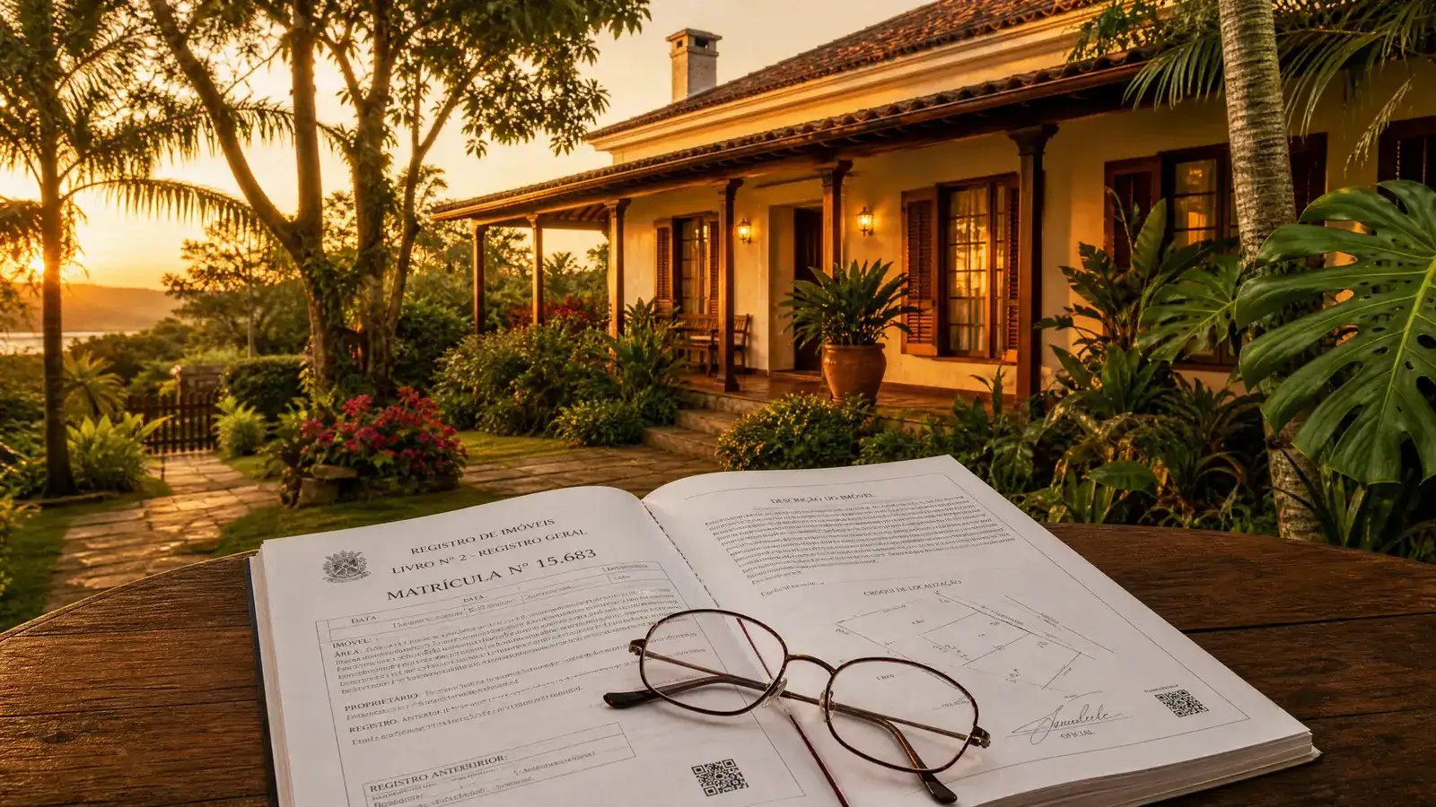 Grundbuchauszug auf einem Tisch vor einem Wohnhaus mit tropischem Garten in Brasilien