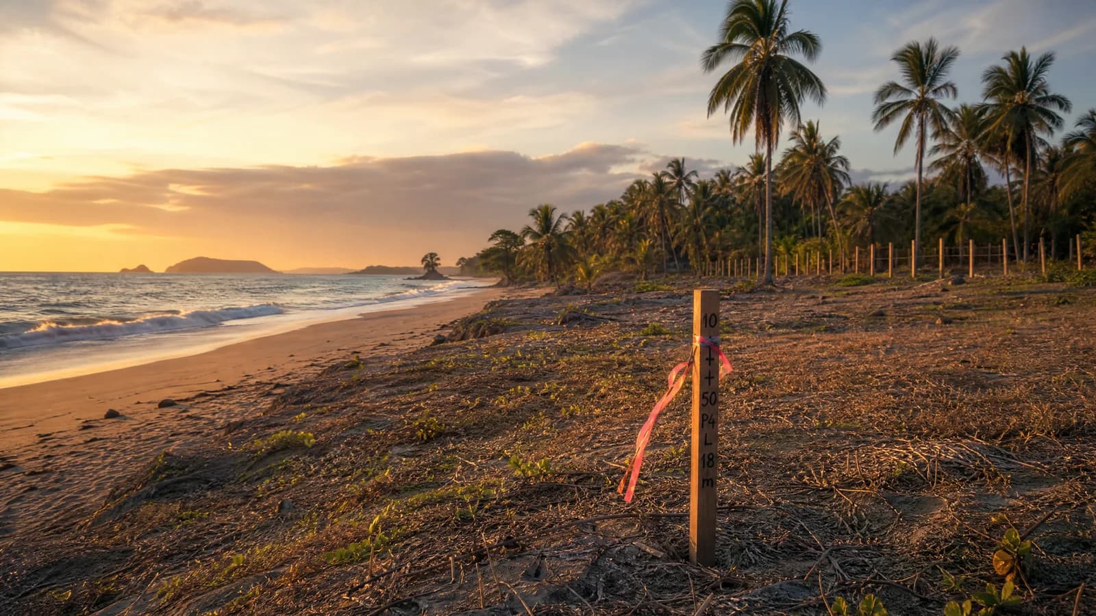 Pazifikstrand in Panama mit Vermessungspflock im Sand vor einem Küstengrundstück im Abendlicht