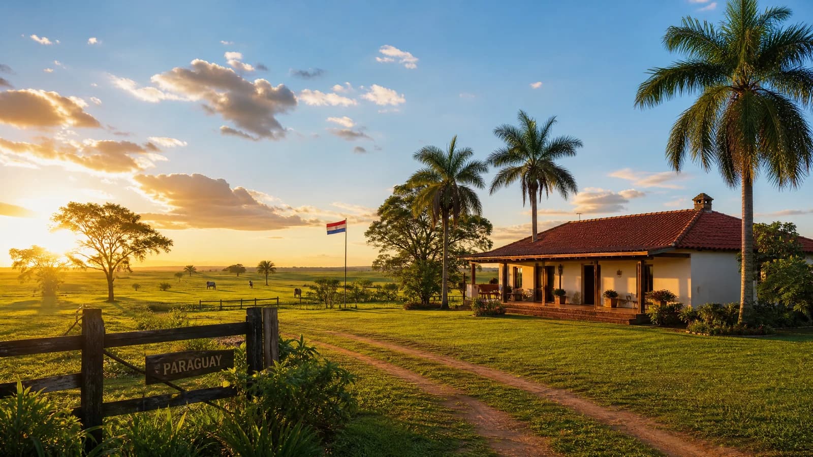 Weites grünes Farmland in Paraguay mit einem Landhaus im goldenen Abendlicht