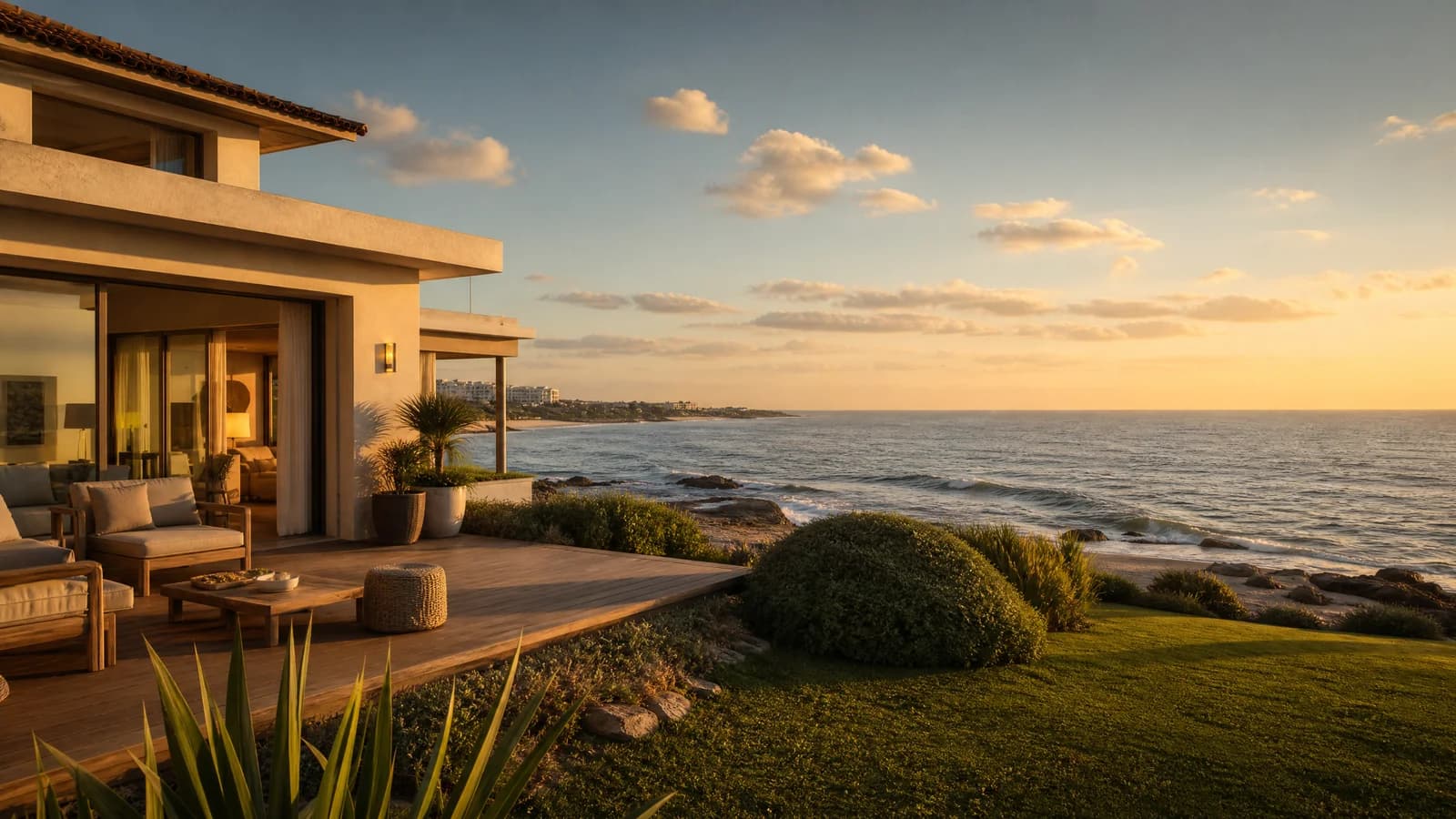 Elegante Strandvilla in Punta del Este im goldenen Abendlicht mit Blick auf den Atlantik
