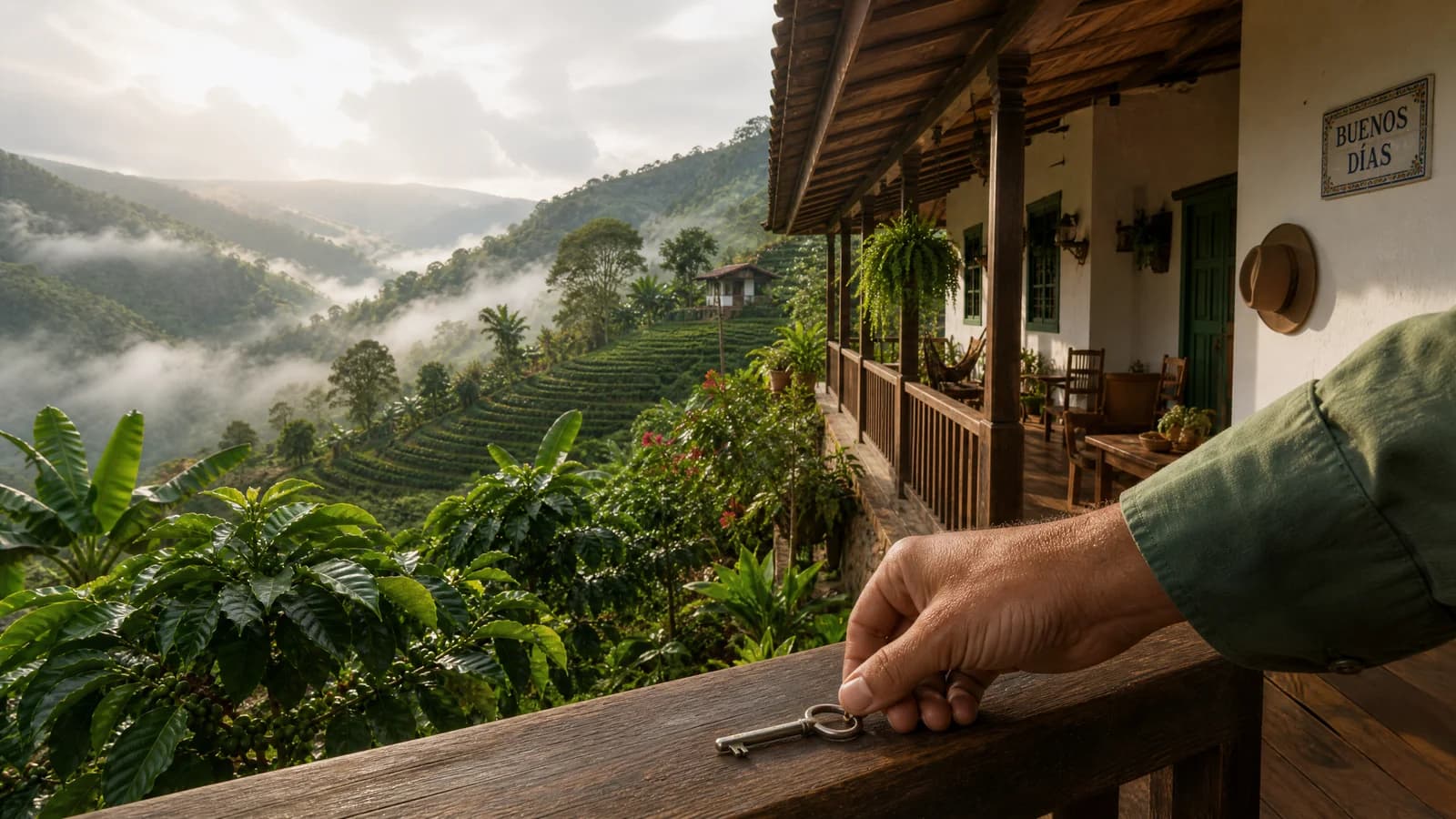 Finca mit Veranda in der grünen Kaffeezone Lateinamerikas im Morgenlicht