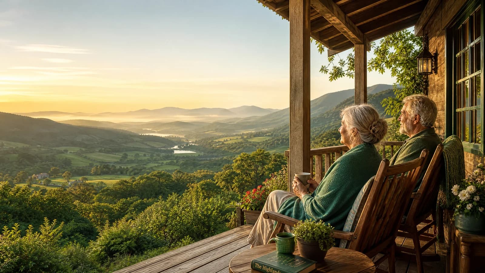 Älteres Paar mit Kaffee auf einer Veranda mit Blick über ein grünes Tal im Morgenlicht