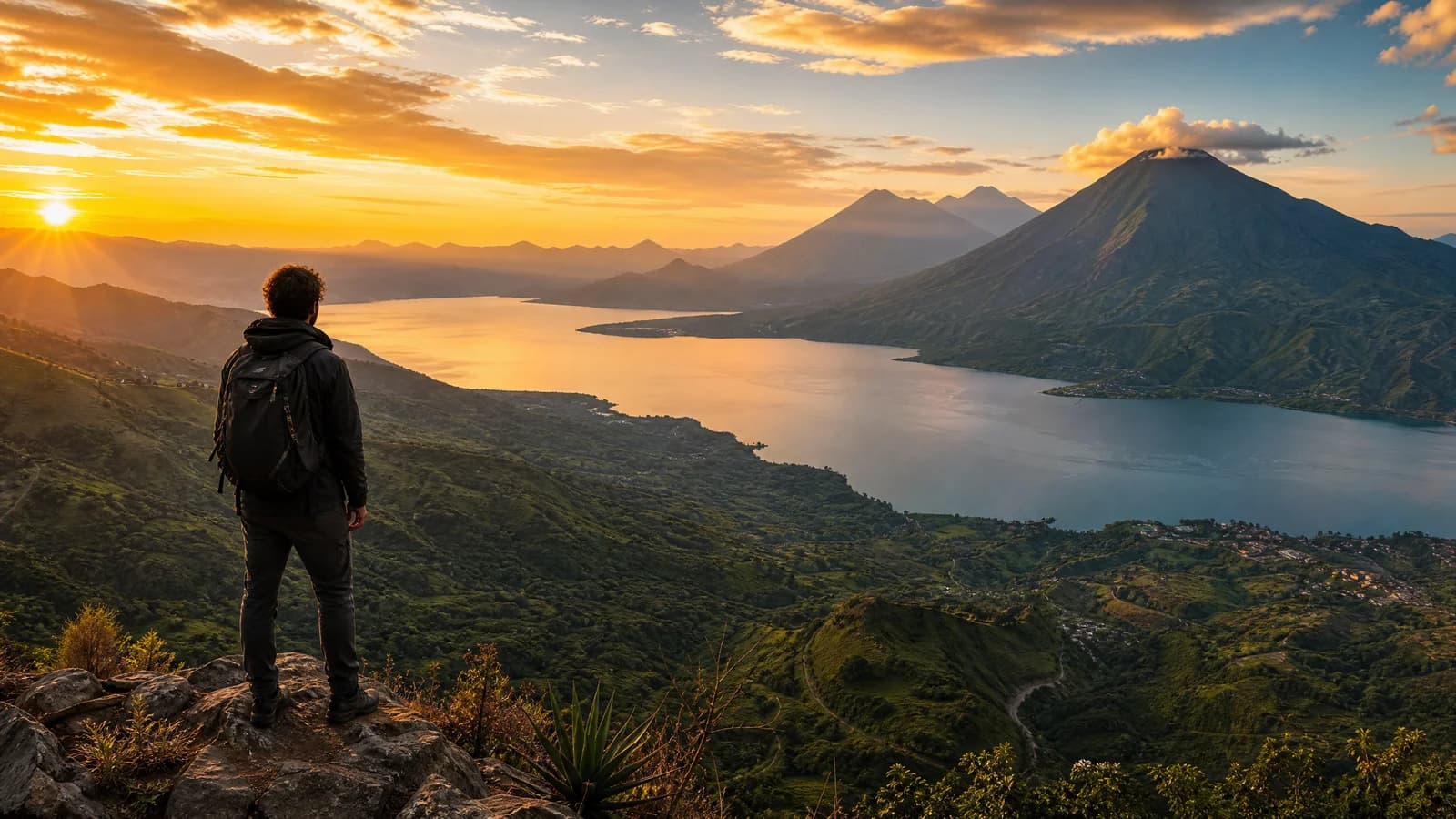 Einzelner Reisender blickt von einem Bergaussichtspunkt über eine weite lateinamerikanische Landschaft im Abendlicht