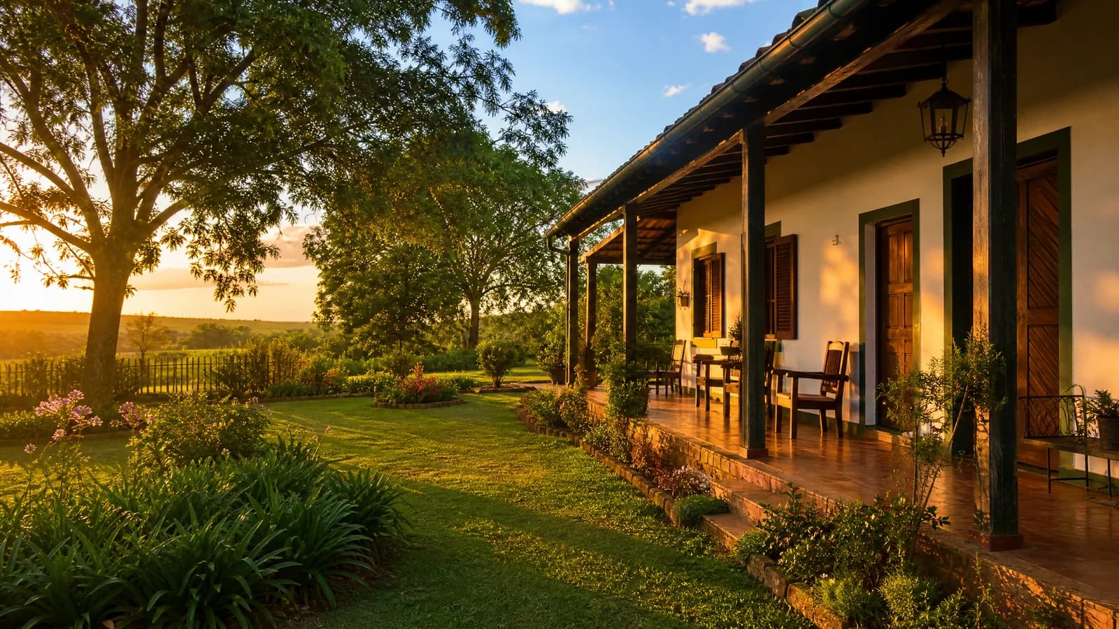 Ruhiger Garten mit Veranda bei einem Landhaus in Paraguay im goldenen Abendlicht