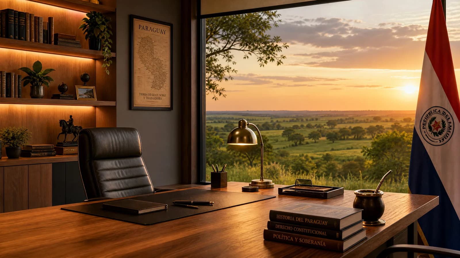 Aufgeräumter Arbeitsplatz mit Fensterblick auf die grüne Weite Paraguays im Abendlicht