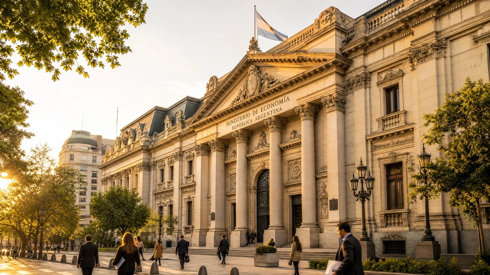 Klassischer Behördenbau in Buenos Aires im goldenen Abendlicht mit Menschen, die Unterlagen tragen