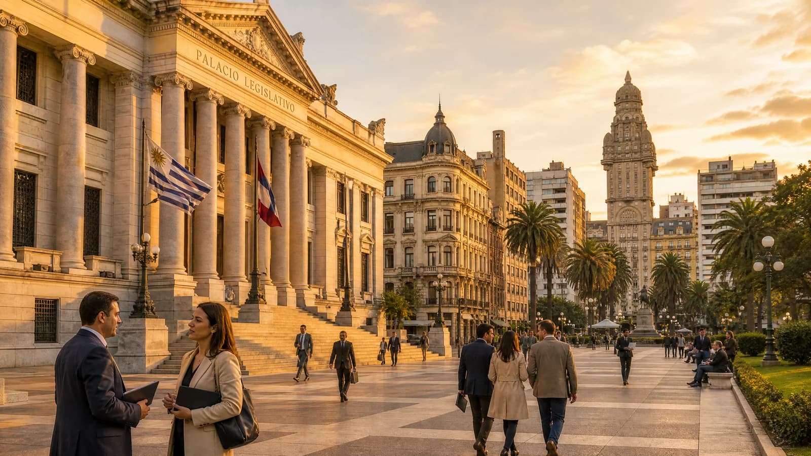 Würdevoller Behördenbau im historischen Zentrum von Montevideo im goldenen Abendlicht