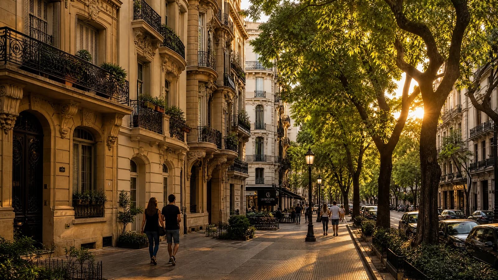 Ruhiges baumbestandenes Wohnviertel in Buenos Aires mit eleganten Altbauten im Abendlicht