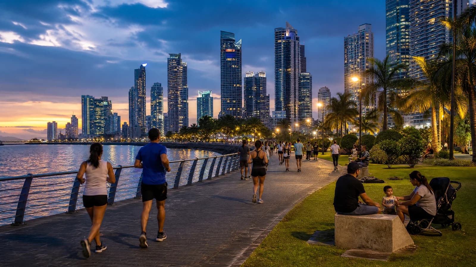 Uferpromenade Cinta Costera in Panama City mit Joggern vor der Skyline im Abendlicht