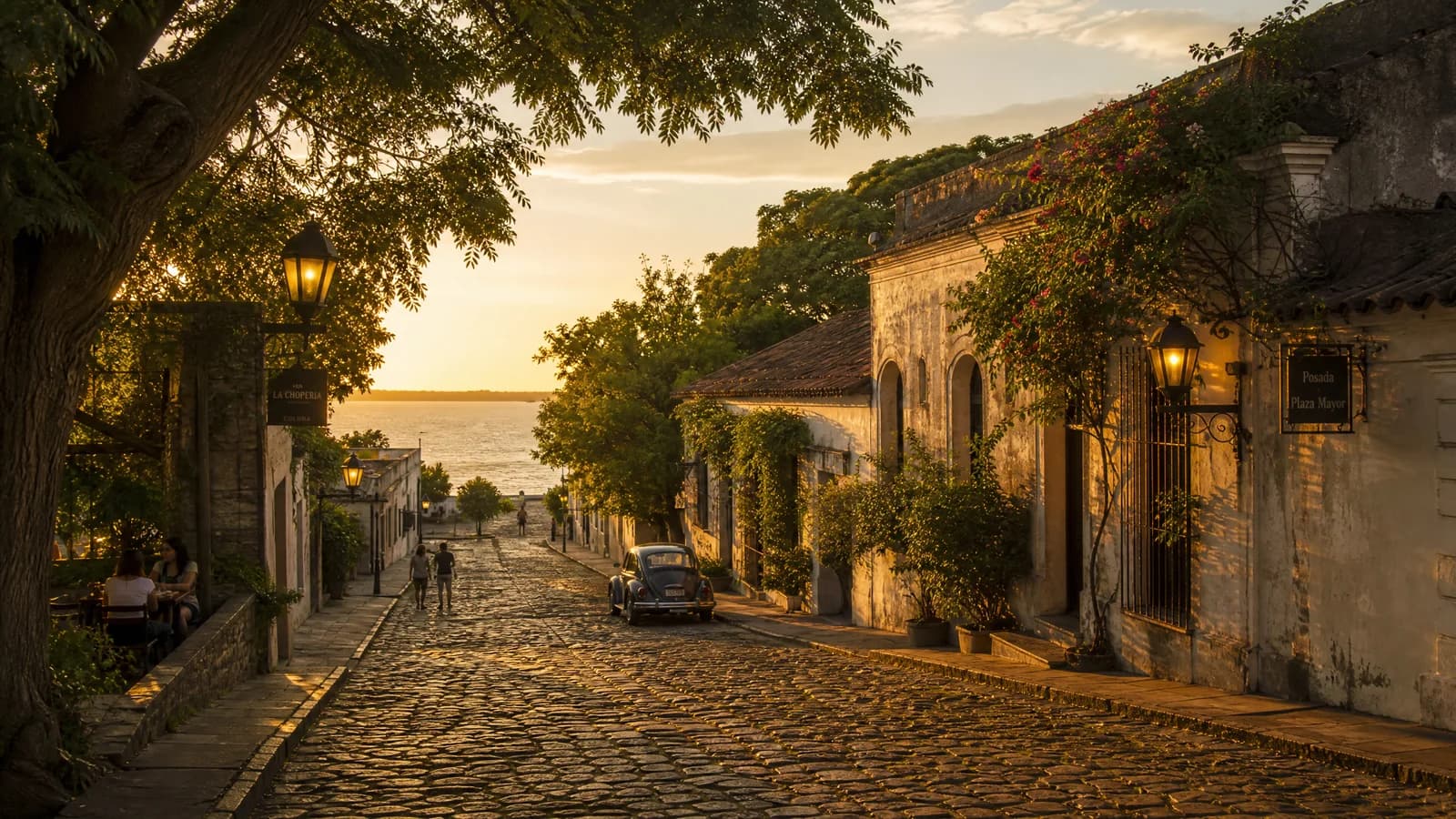 Ruhige Kopfsteinpflastergasse in Colonia del Sacramento im goldenen Abendlicht