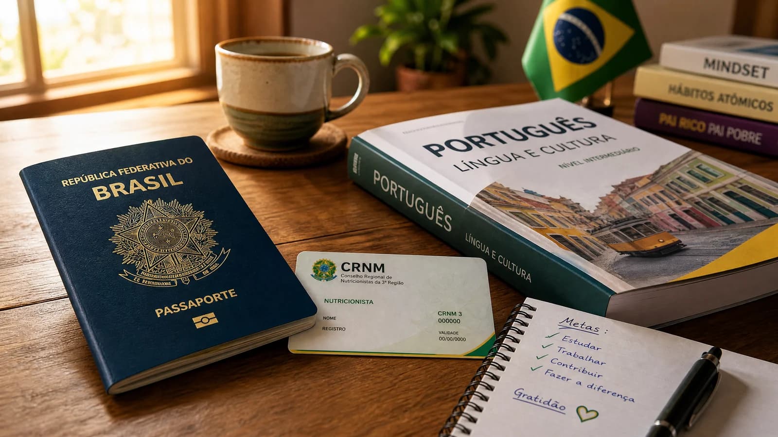 Brasilianischer Reisepass mit Aufenthaltskarte und Portugiesisch-Lehrbuch auf einem Holztisch