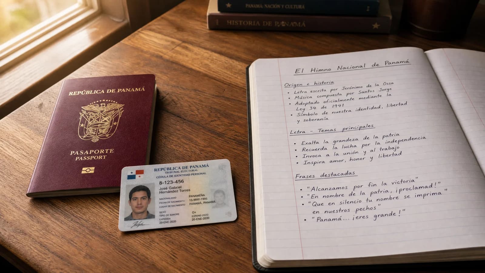 Panamaischer Reisepass mit Cédula und Lernunterlagen für die Einbürgerungsprüfung auf einem Holztisch