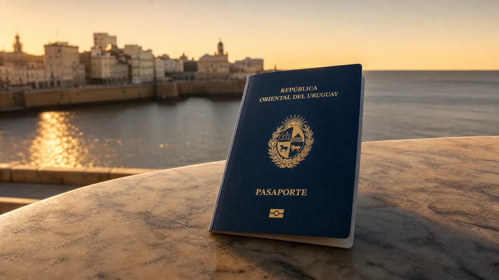 Uruguayischer Reisepass vor der Kueste von Montevideo im goldenen Abendlicht.
