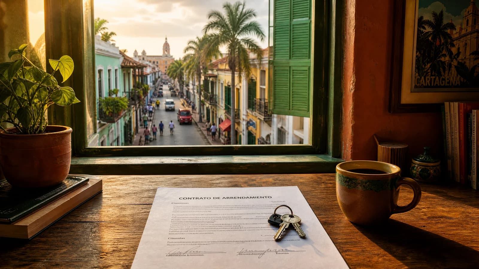 Schreibtisch mit Mietvertrag und Schlüssel am Fenster einer lateinamerikanischen Wohnung