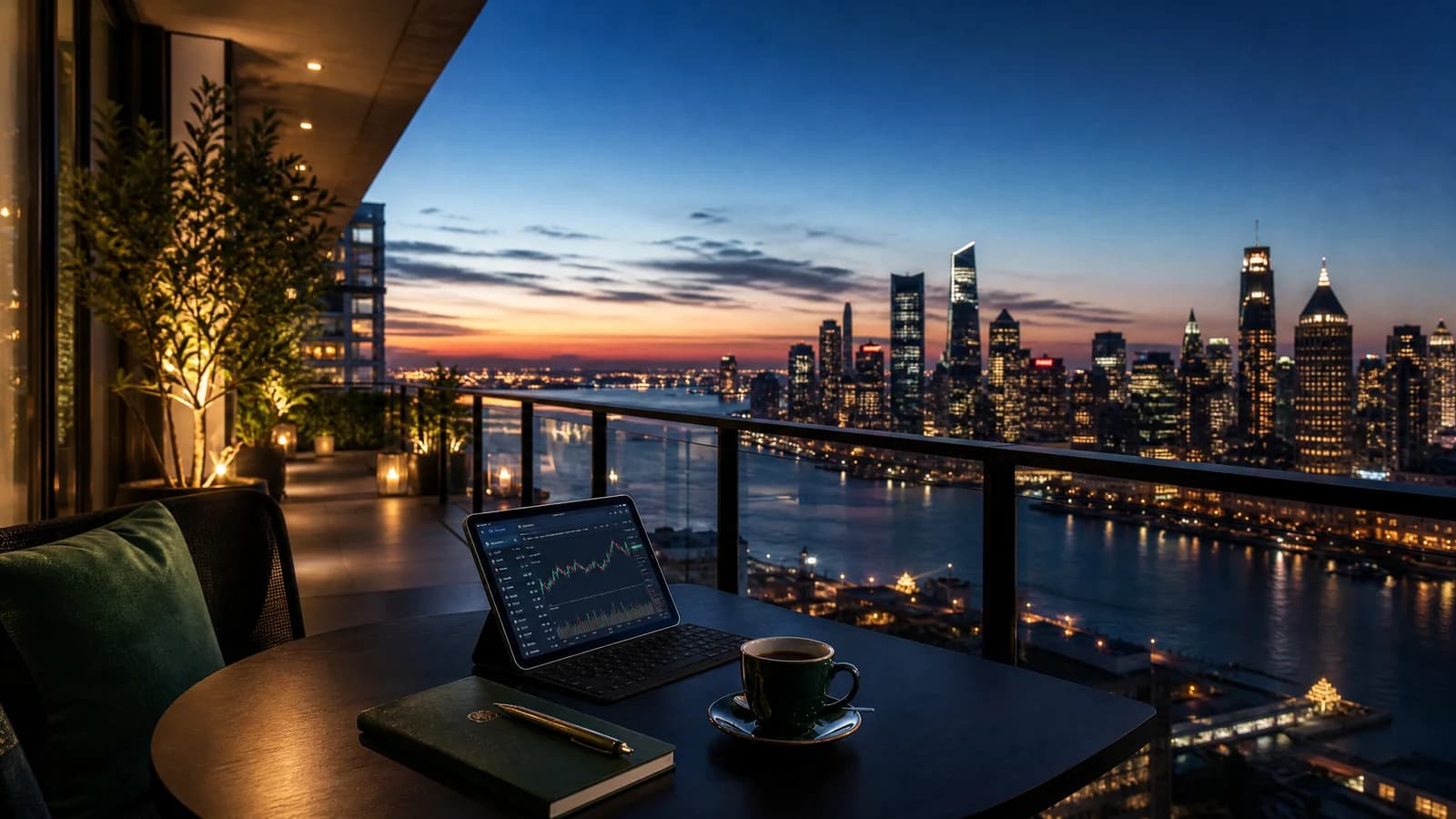 Ruhiger Balkon in der Abenddämmerung mit Tablet und Blick auf eine moderne Skyline