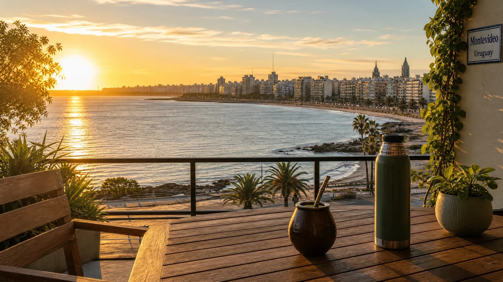 Ruhiger Blick von einer Terrasse in Montevideo aufs Wasser im goldenen Abendlicht mit einem Mate auf dem Tisch