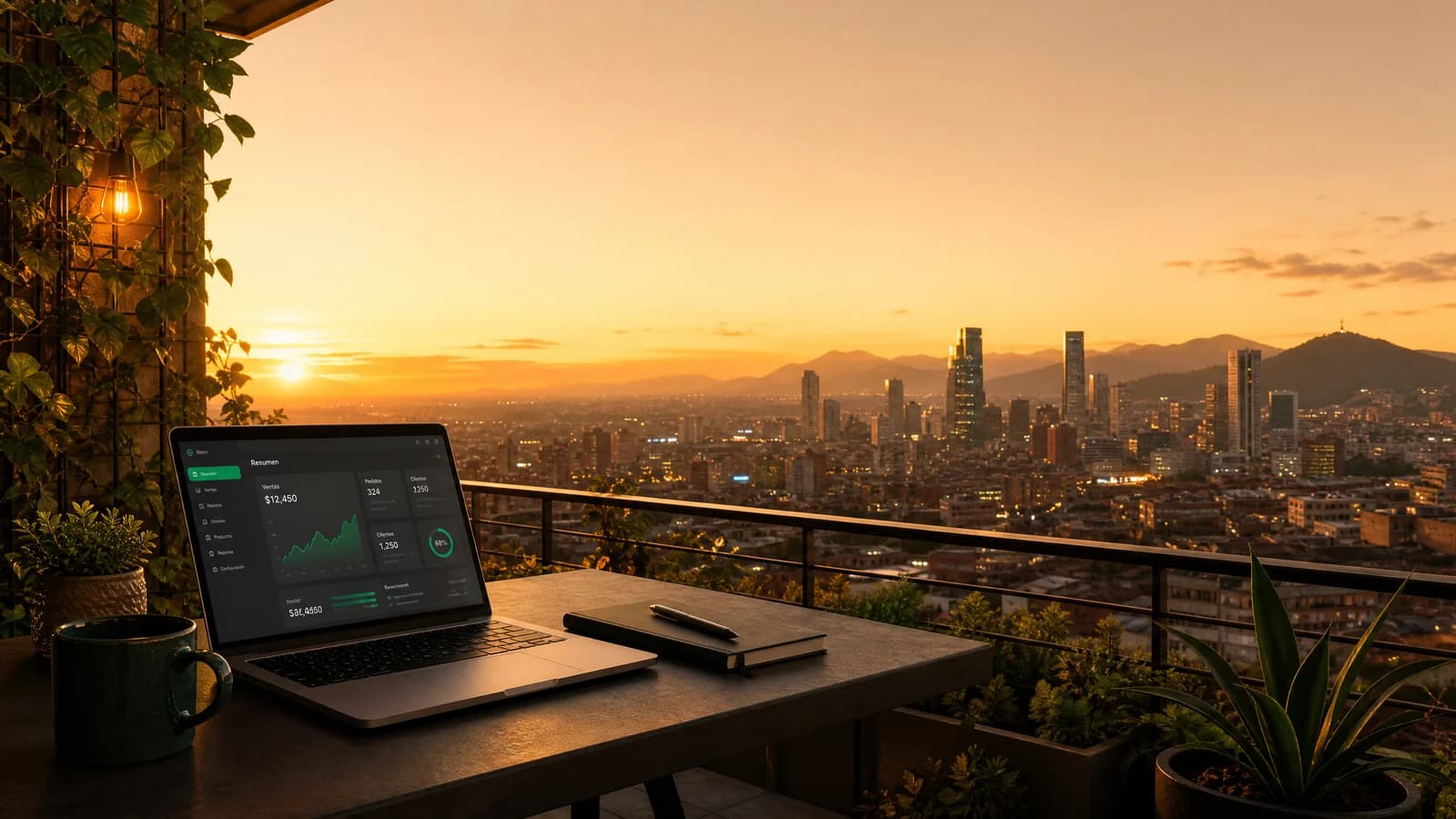 Arbeitsplatz mit Laptop auf einer Terrasse mit Blick auf eine lateinamerikanische Skyline im Abendlicht