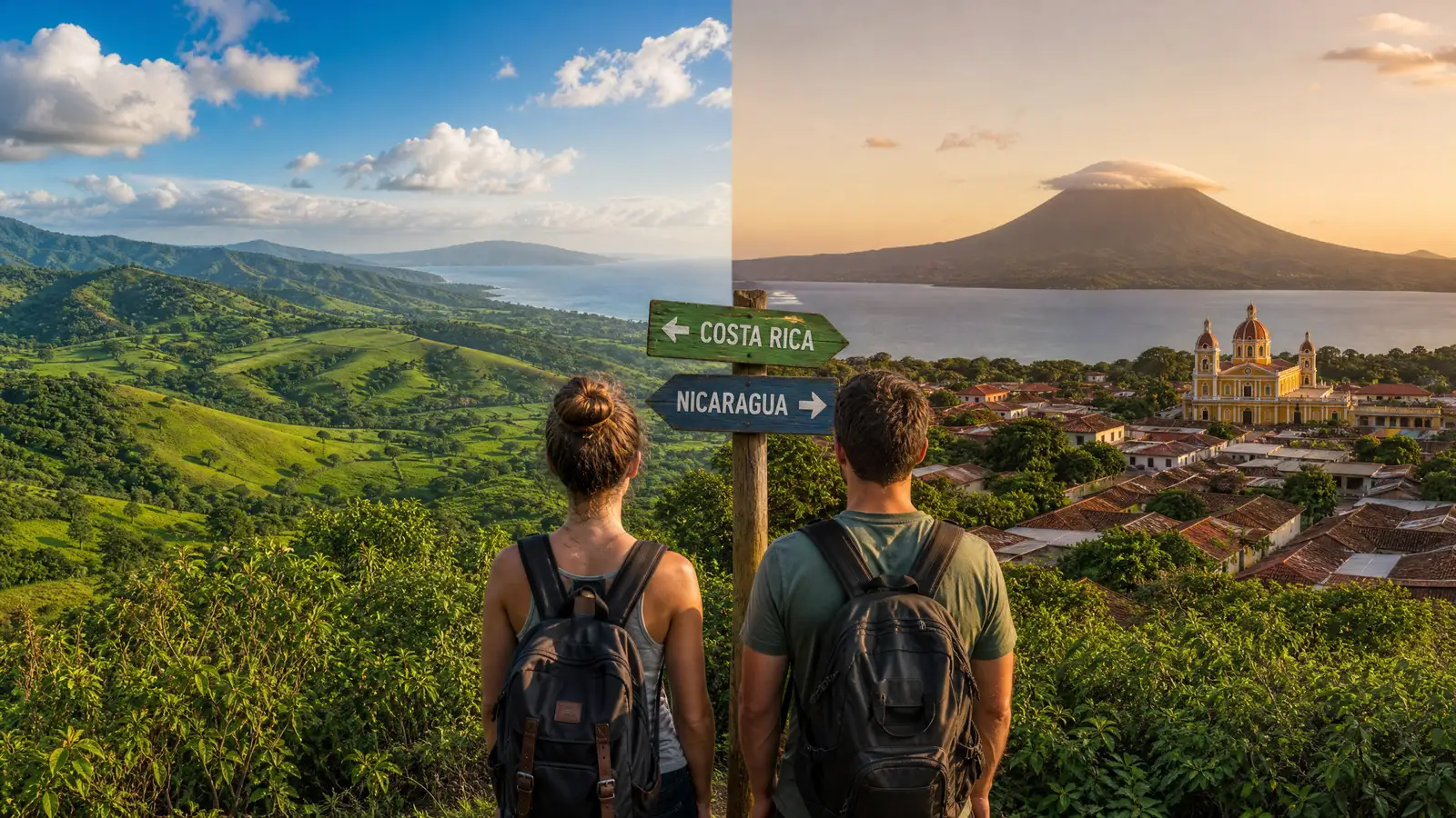 Paar mit Rucksaecken an einem Wegweiser zwischen Costa Rica und Nicaragua, links gruene Huegel, rechts Vulkan und Kolonialarchitektur.