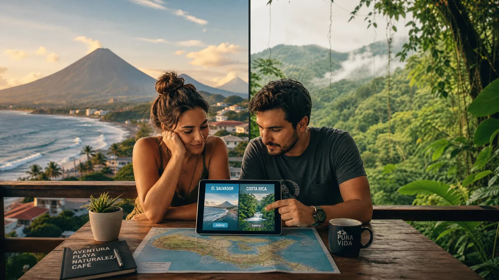Paar vergleicht Optionen auf Tablet und Karte, links Vulkan- und Kuestenkulisse El Salvadors, rechts gruener Regenwald Costa Ricas.